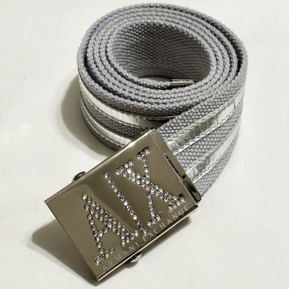 A/X Logo Silver Rhinestone Buckle Belt, Heather Gray Fabric Silver Leather - M - Picture 3 of 11